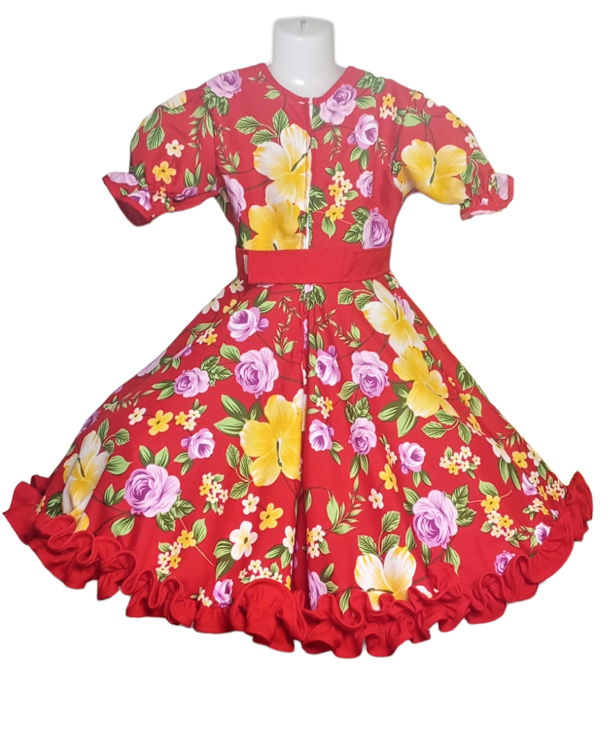 Vestido Huasa China Niña Cueca Rojo Floreado OFERTA Tallas 6, 8 y 10