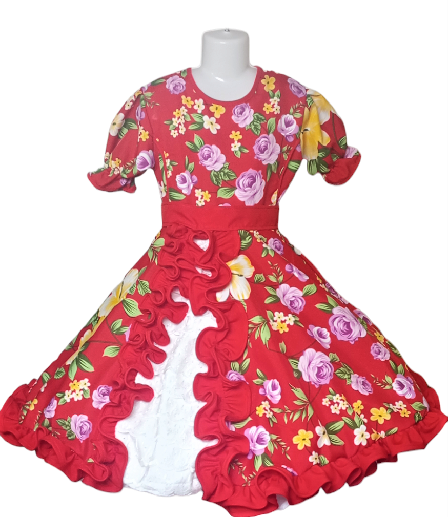 Vestido Huasa China Niña Cueca Rojo Floreado OFERTA Tallas 6, 8 y 10