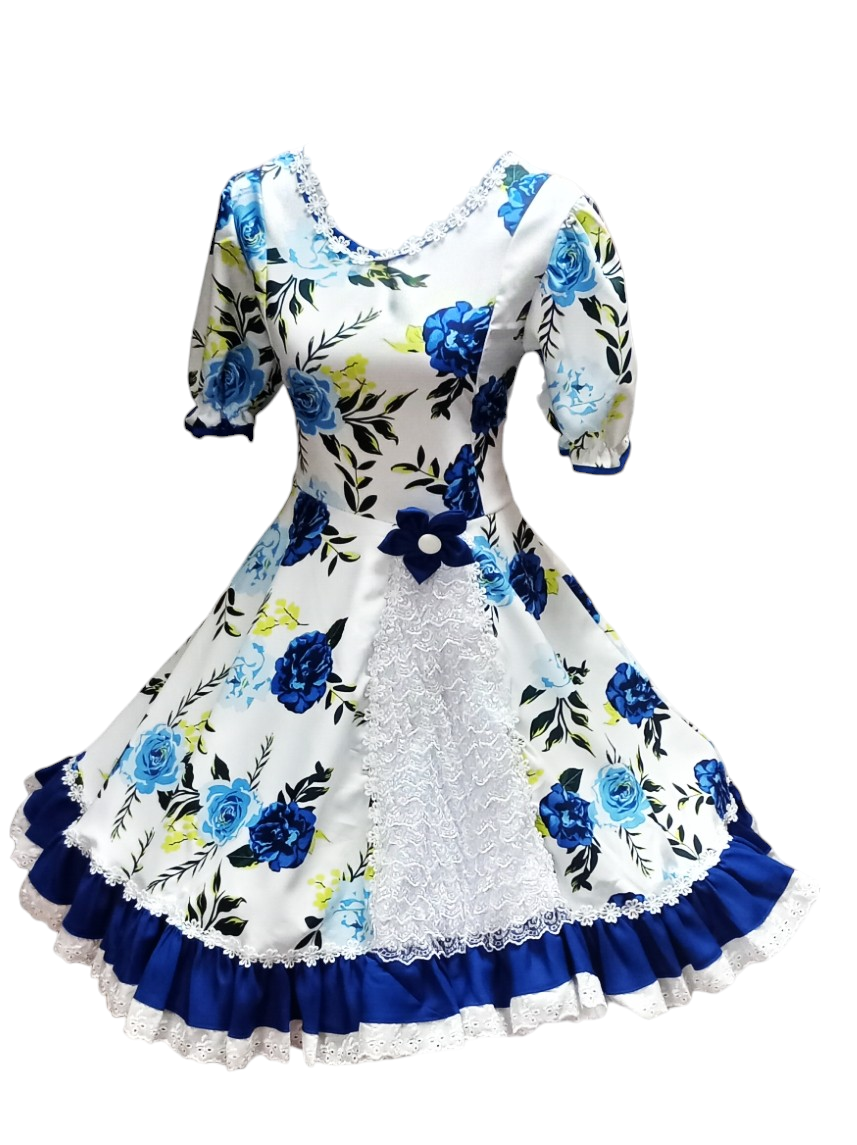 Vestido Huasa Niñas Tallas 4, 6 y 8 Blanco Azul Huasita Chinita