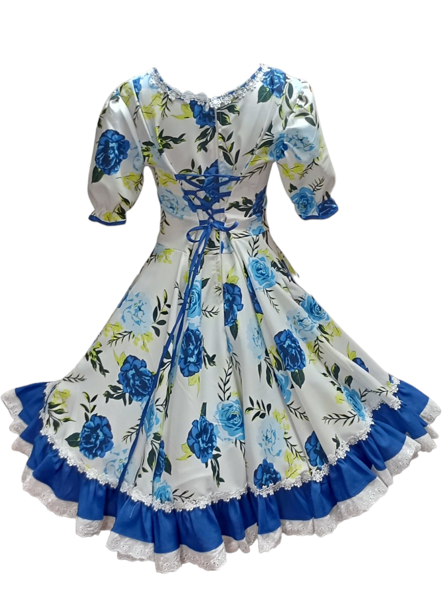 Vestido Huasa Niñas Tallas 4, 6 y 8 Blanco Azul Huasita Chinita