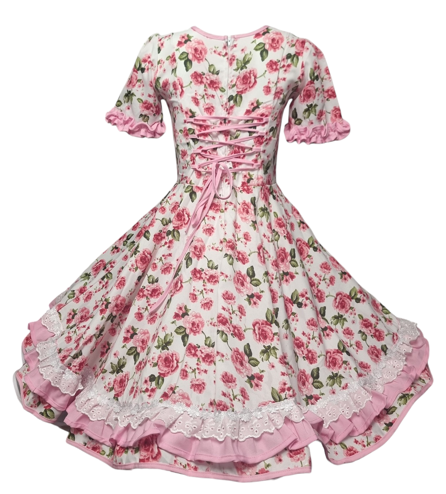 Vestido Huasa Niñas Tallas 2, 4, 6 y 8 Blanco Rosado Huasita Chinita