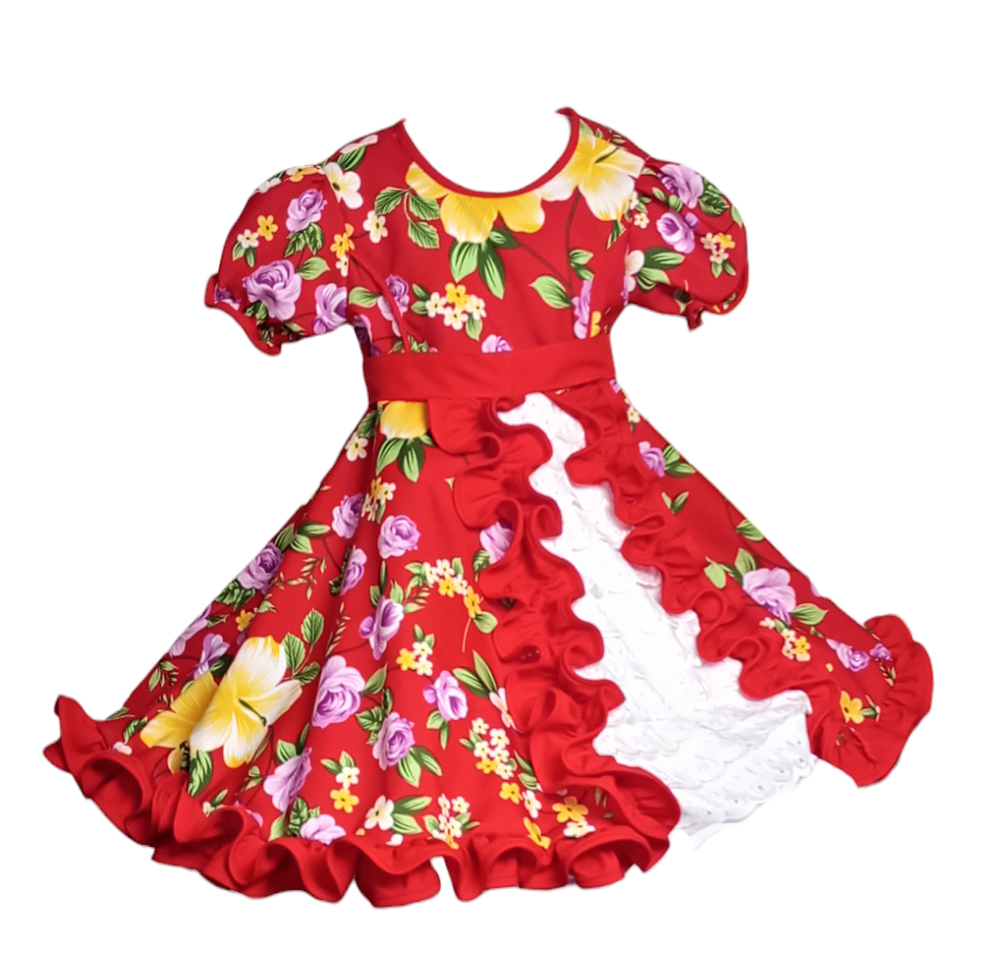 Vestido Huasa China Niña Cueca Rojo Floreado OFERTA Tallas 6, 8 y 10