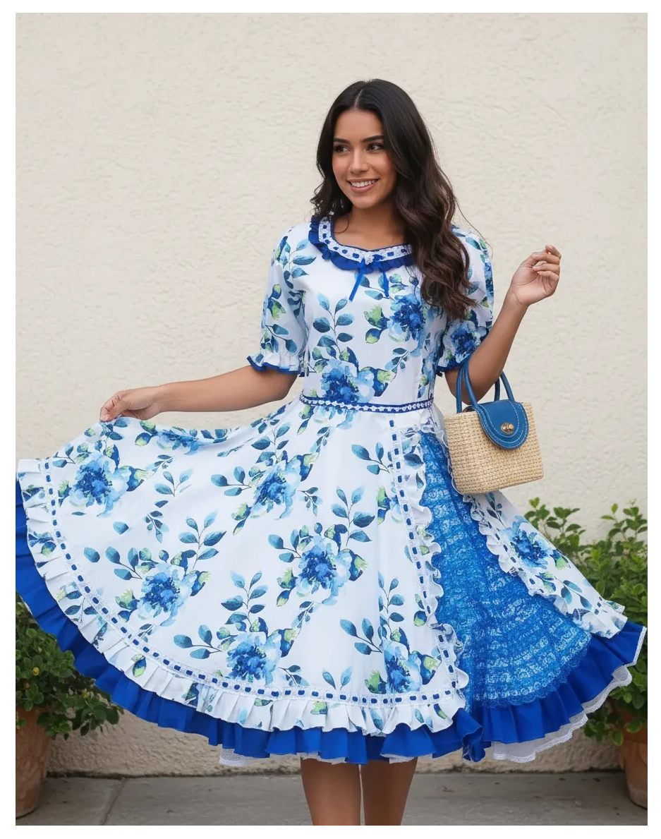 Vestido Huasa Niñas Tallas  12 14 y 16 Juvenil Blanco Azul Huasita Chinita