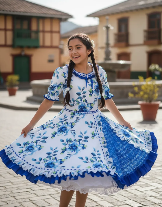 Vestido Huasa Niñas Tallas 2, 4, 6 y 8 Broderie Azul Huasita Chinita