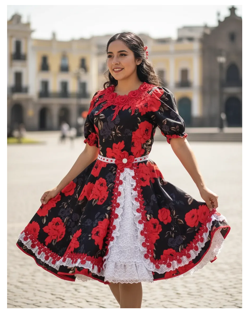 Vestido Huasa Niñas Tallas 12 y 14  Juvenil Negro Rojo Oferta