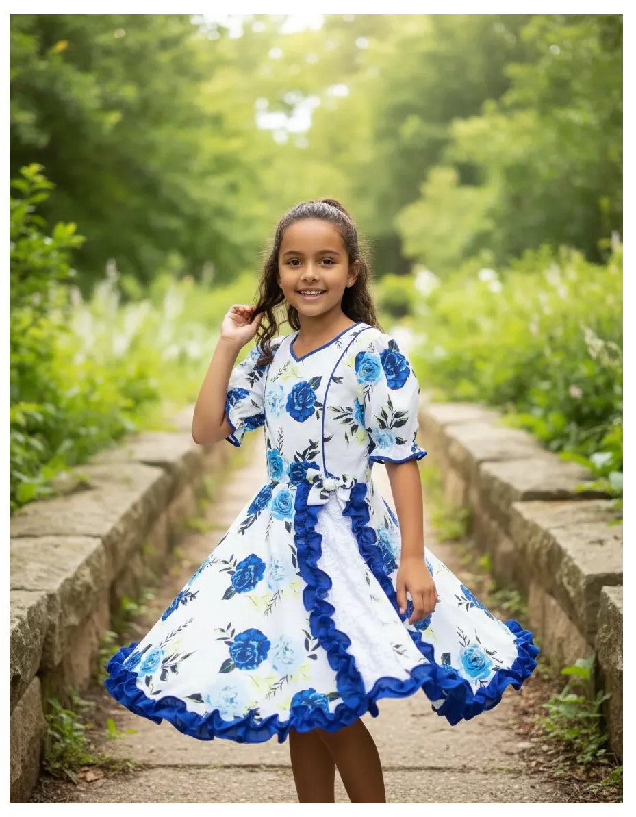 Vestido Huasa Niñas Tallas 2, 4, 6 y 8 Blanco Azul Huasita Chinita