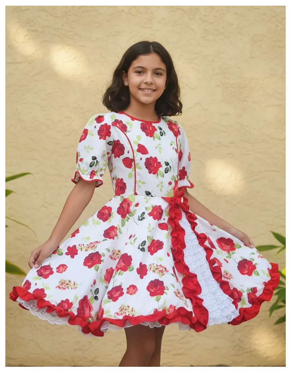 Vestido Huasa Niñas Tallas 12 14 y 16 Juvenil Blanco Floreado Huasita Chinita