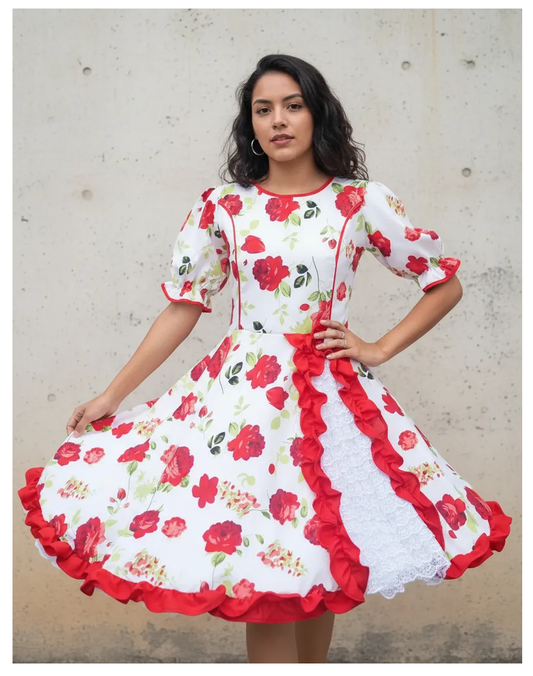 Vestido Huasa China Cueca Floreado Blanco Rojo Juvenil Adulto Tallas S M L XL Y 2 XL
