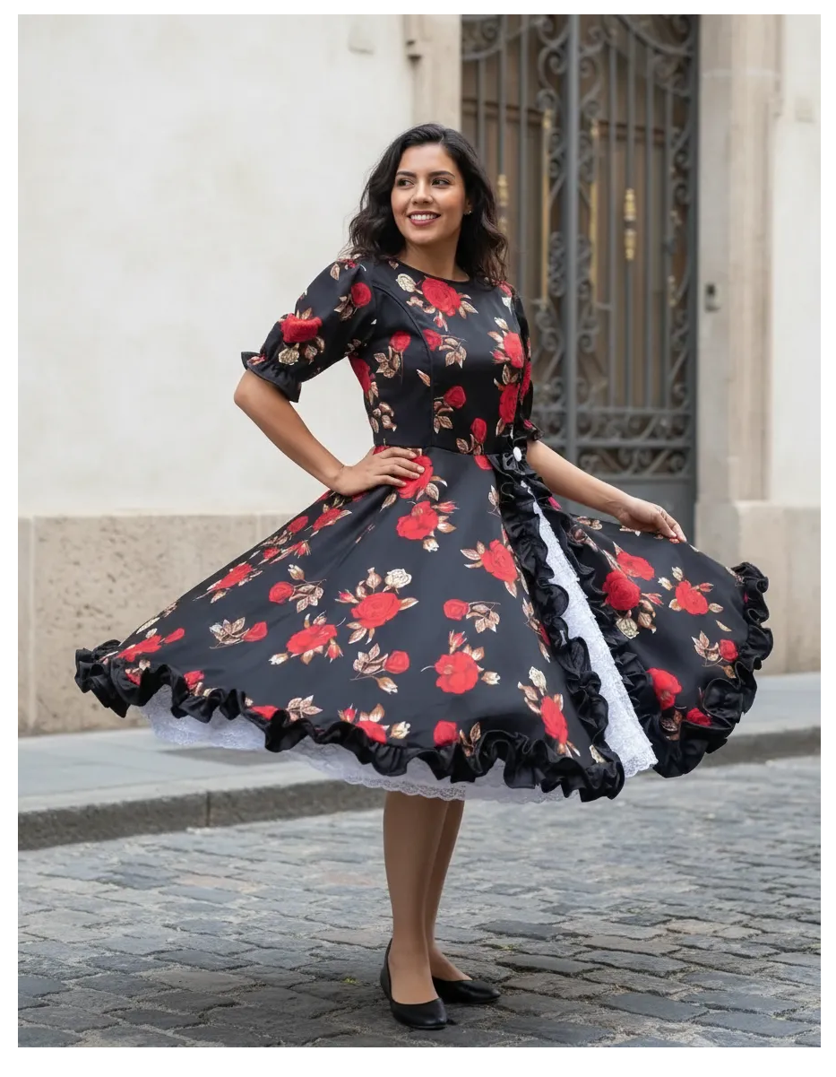 Vestido Huasa Niñas Tallas  12 14 y 16 Juvenil Negro Floreado Huasita Chinita