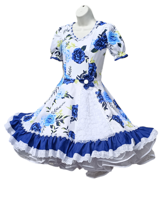 Vestido Huasa Niñas Tallas 4, 6 y 8 Blanco Azul Huasita Chinita