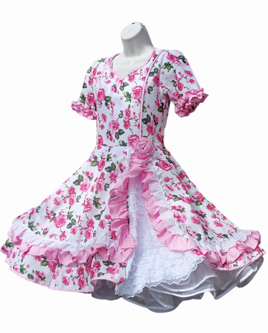 Vestido Huasa Niñas Tallas 4, 6 y 8 Blanco Rosado Huasita Chinita