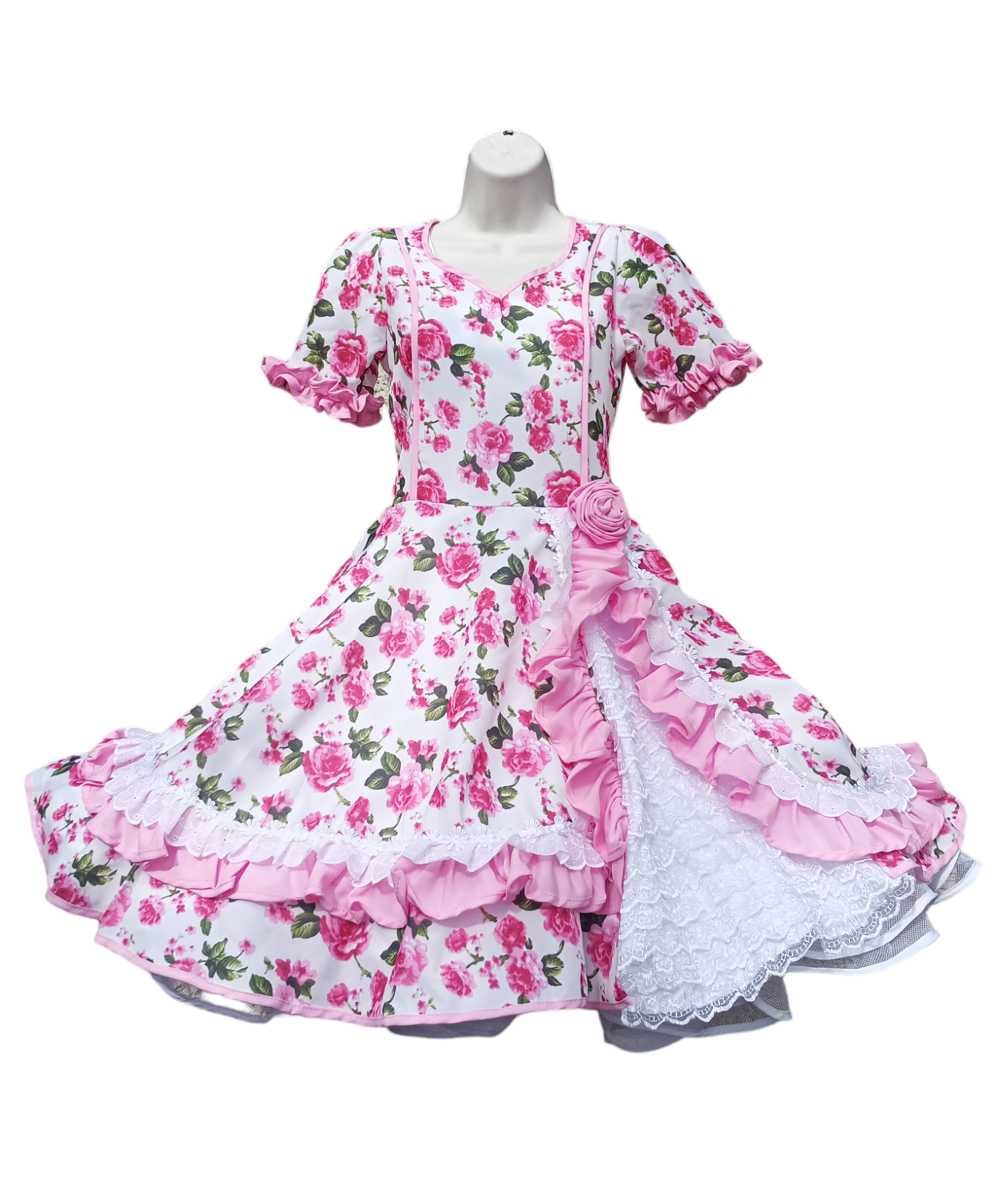Vestido Huasa Niñas Tallas 4, 6 y 8 Blanco Rosado Huasita Chinita