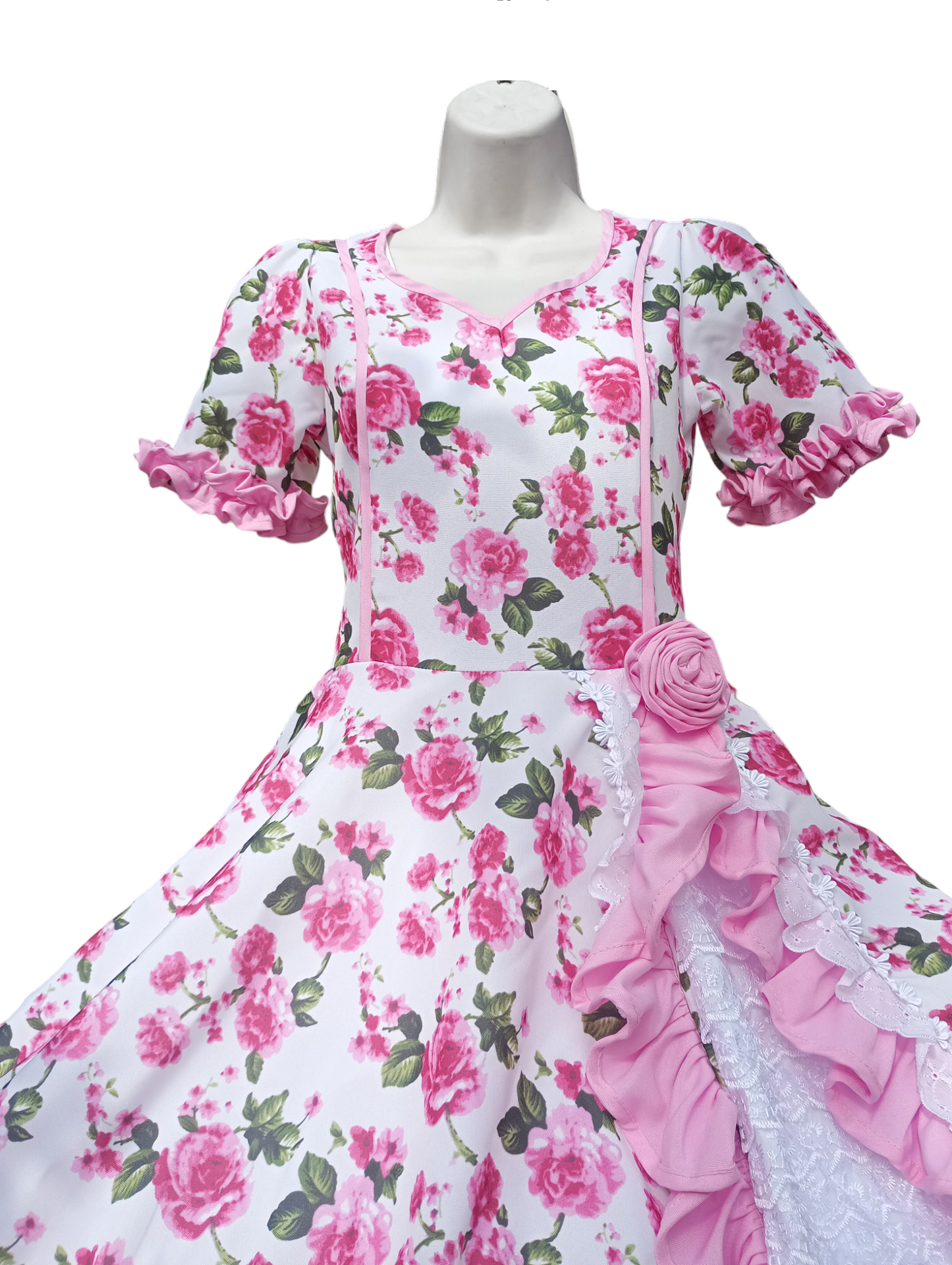 Vestido Huasa Niñas Tallas 4, 6 y 8 Blanco Rosado Huasita Chinita