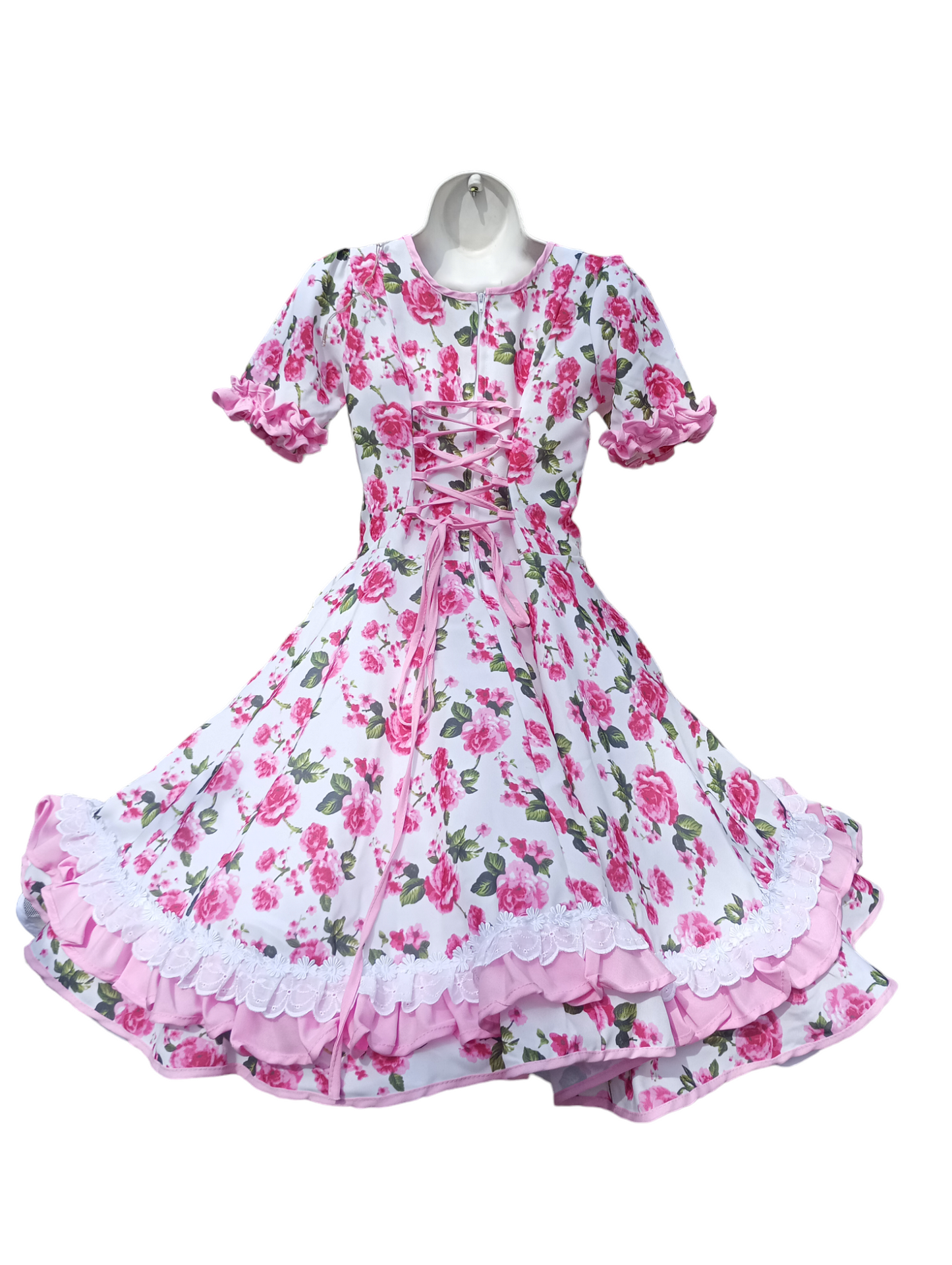 Vestido Huasa Niñas Tallas 4, 6 y 8 Blanco Rosado Huasita Chinita