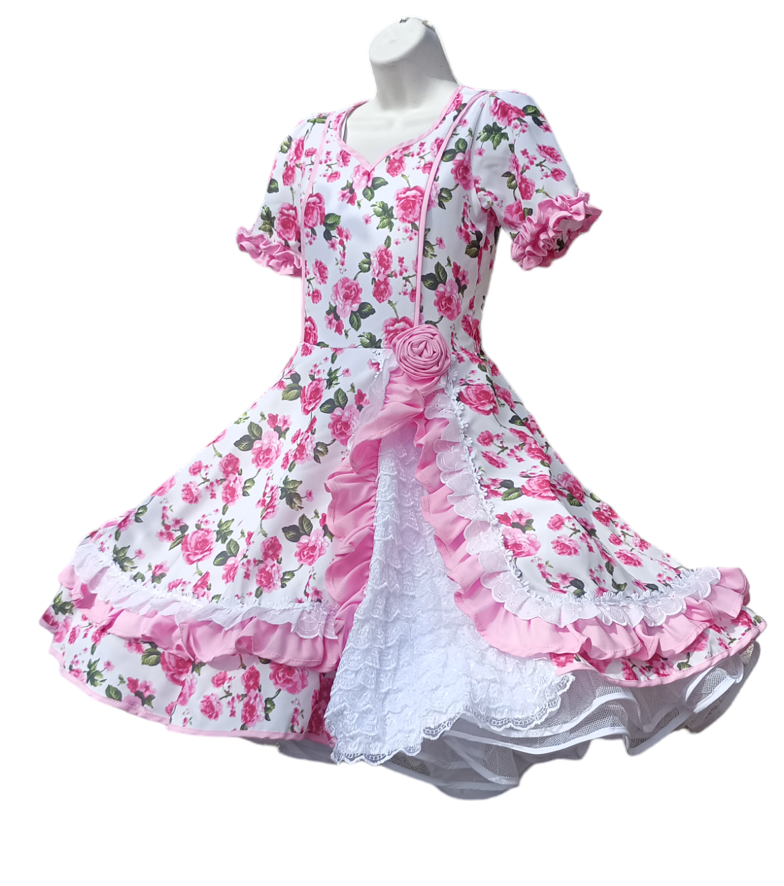 Vestido Huasa Niñas Tallas 4, 6 y 8 Blanco Rosado Huasita Chinita