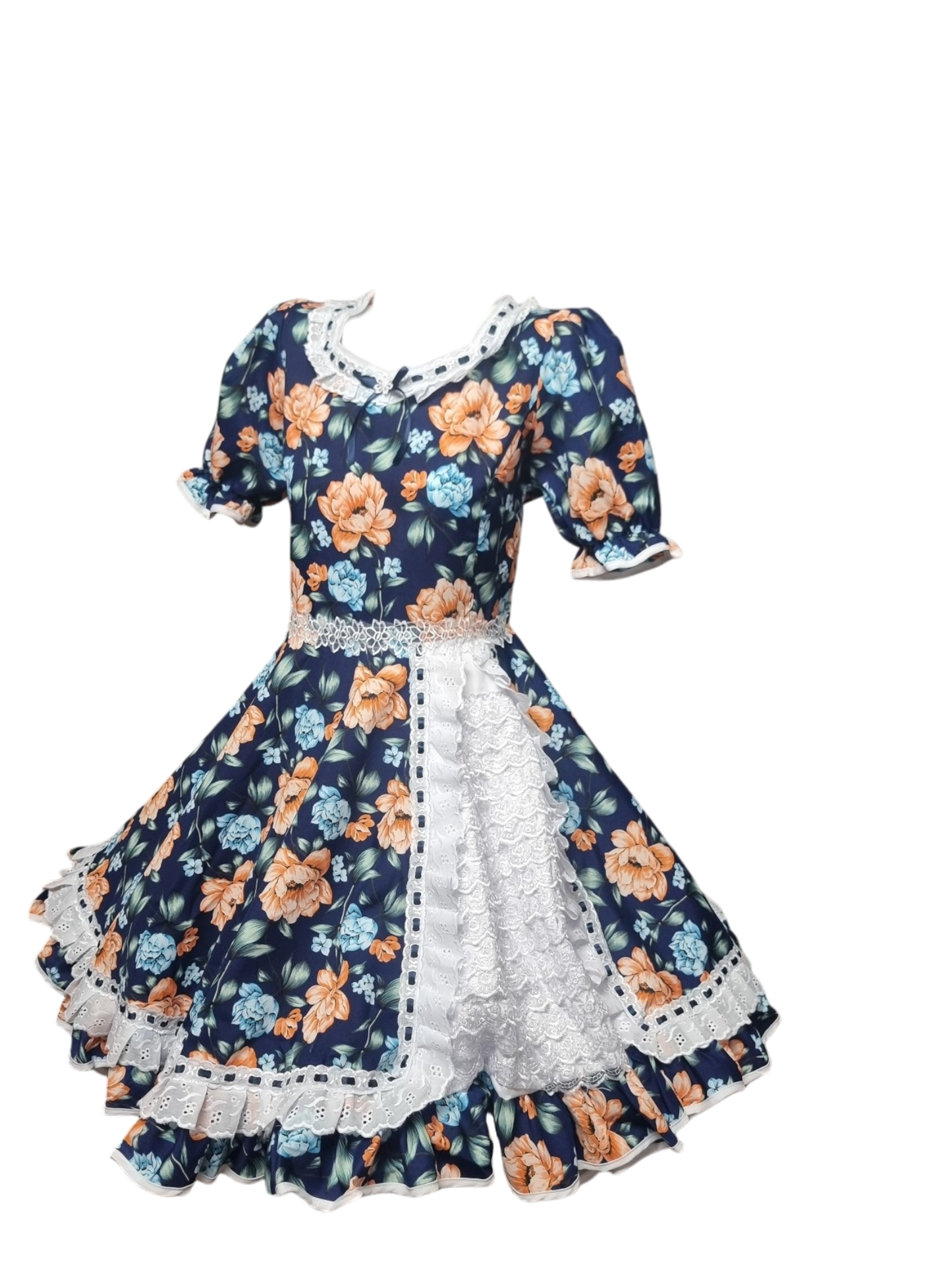 Vestido Huasa Niñas Tallas  12 14 y 16 Juvenil Azul Flor Damasco Huasita Chinita
