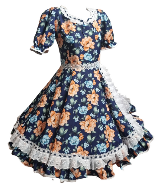 Vestido Huasa Niñas Tallas  12 14 y 16 Juvenil Azul Damasco Huasita Chinita