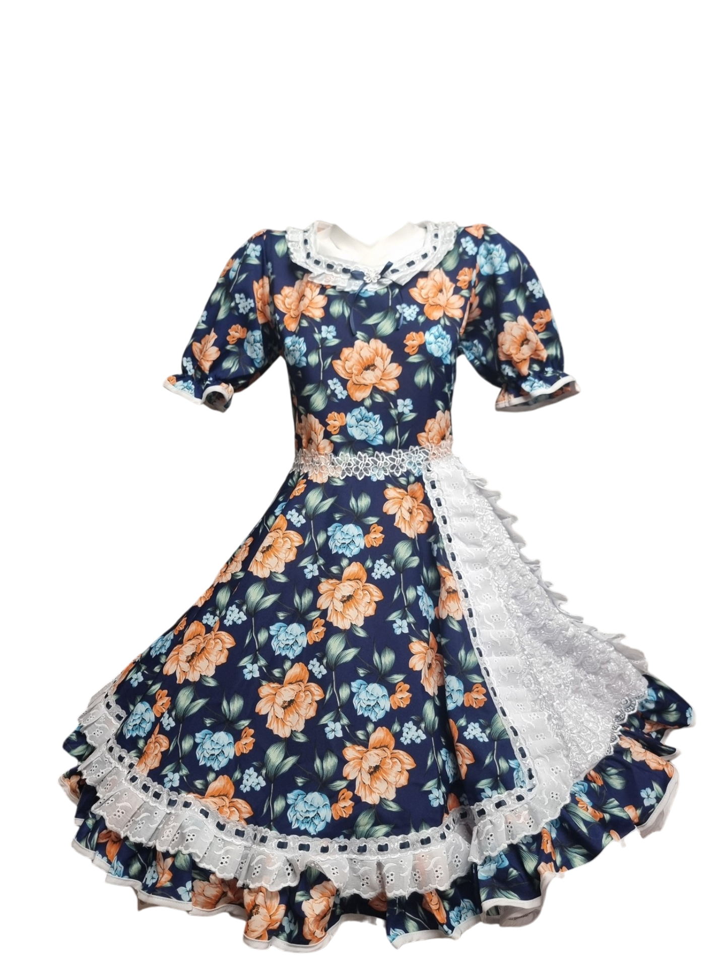 Vestido Huasa Niñas Tallas  12 14 y 16 Juvenil Azul Flor Damasco Huasita Chinita