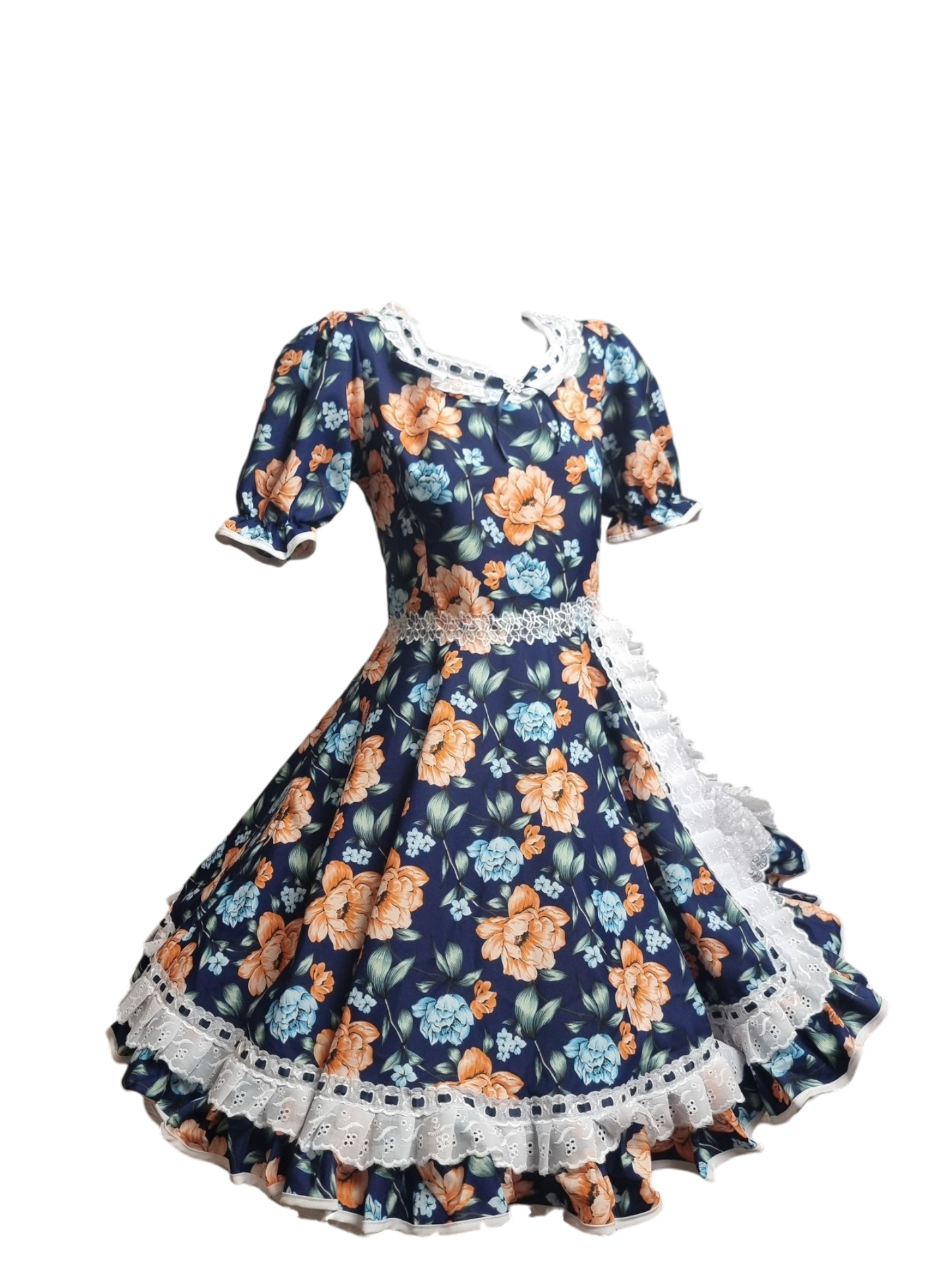 Vestido Huasa Niñas Tallas  12 14 y 16 Juvenil Azul Flor Damasco Huasita Chinita