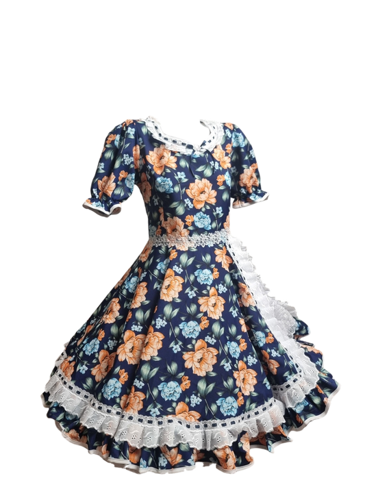 Vestido Huasa Niñas Tallas  12 14 y 16 Juvenil Azul Flor Damasco Huasita Chinita