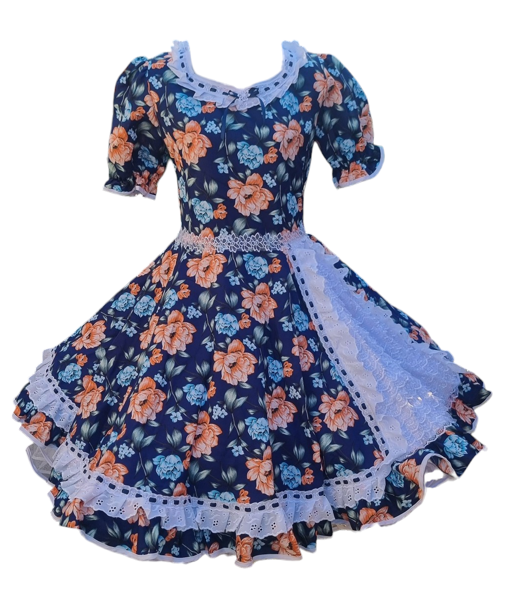 Vestido Huasa Niñas Tallas  12 14 y 16 Juvenil Azul Damasco Huasita Chinita