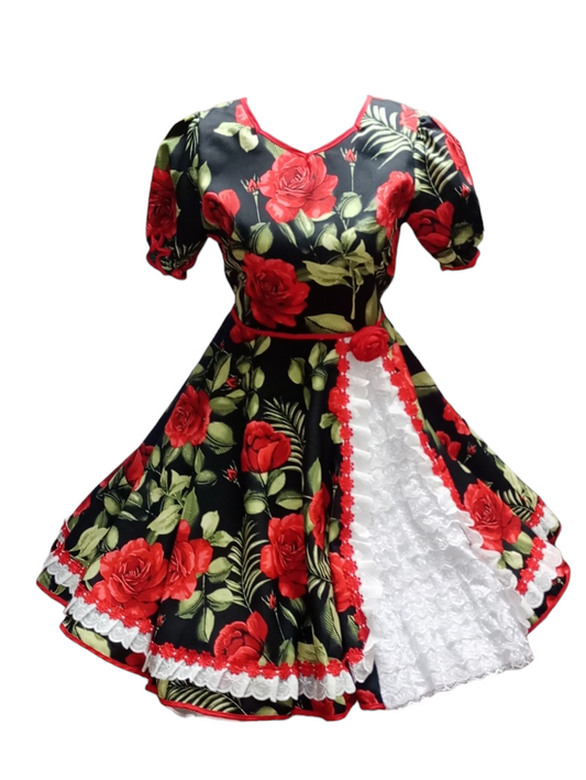 Vestido Huasa Niñas Tallas  12 y 16 Juvenil Negro Hojas Huasita Chinita