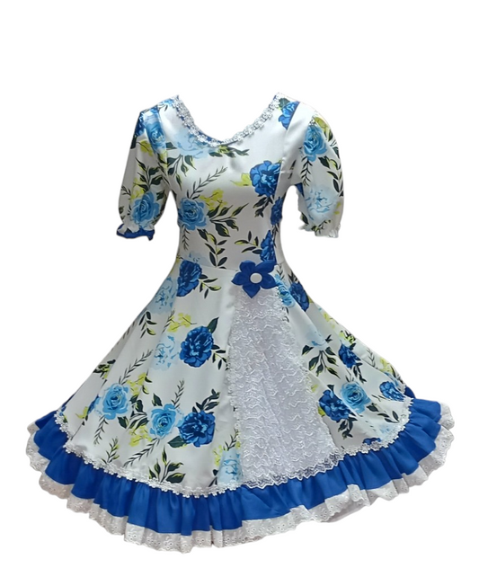 Vestido Huasa Niñas Tallas 4, 6 y 8 Blanco Azul Huasita Chinita