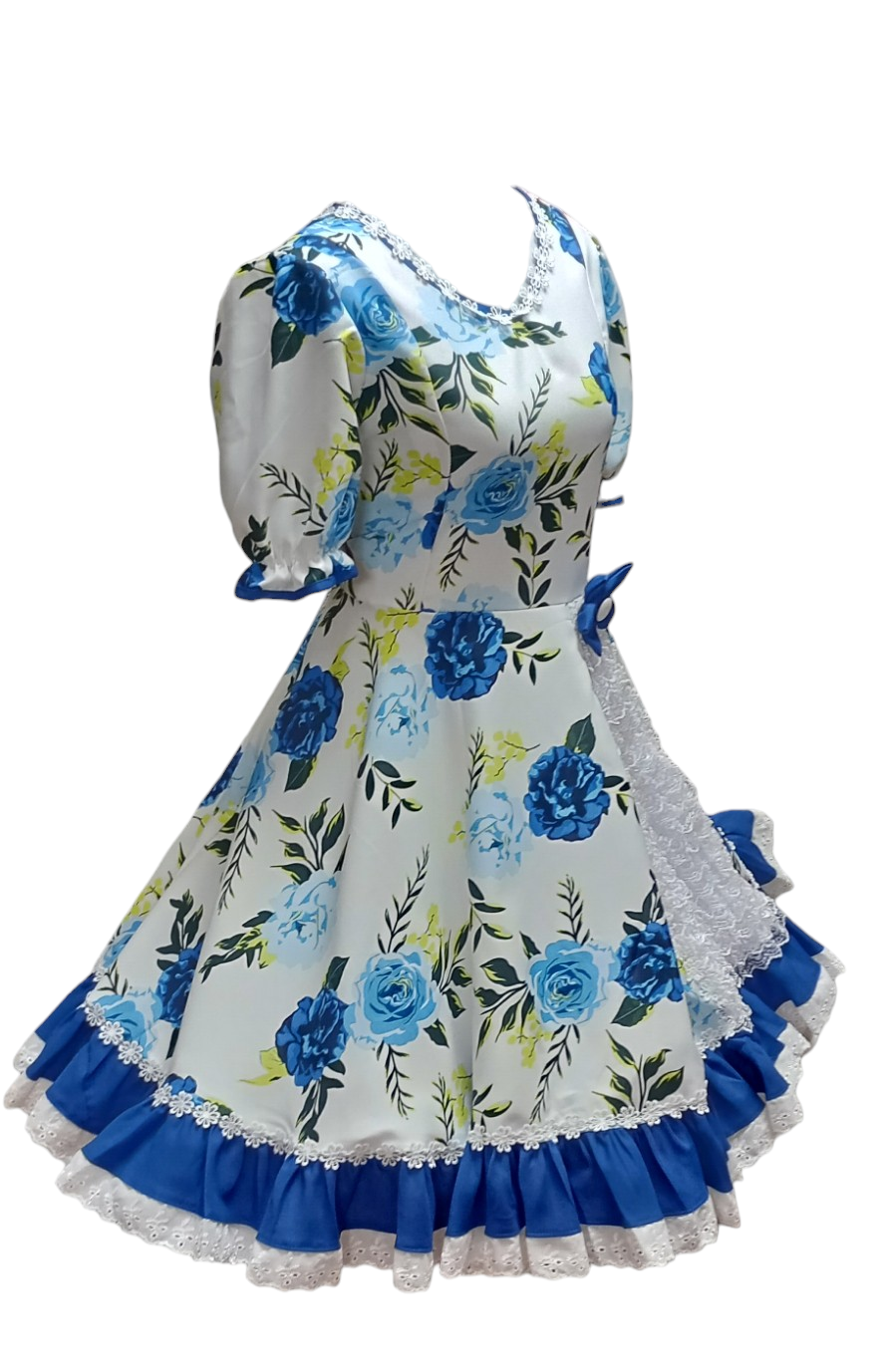 Vestido Huasa Niñas Tallas 4, 6 y 8 Blanco Azul Huasita Chinita