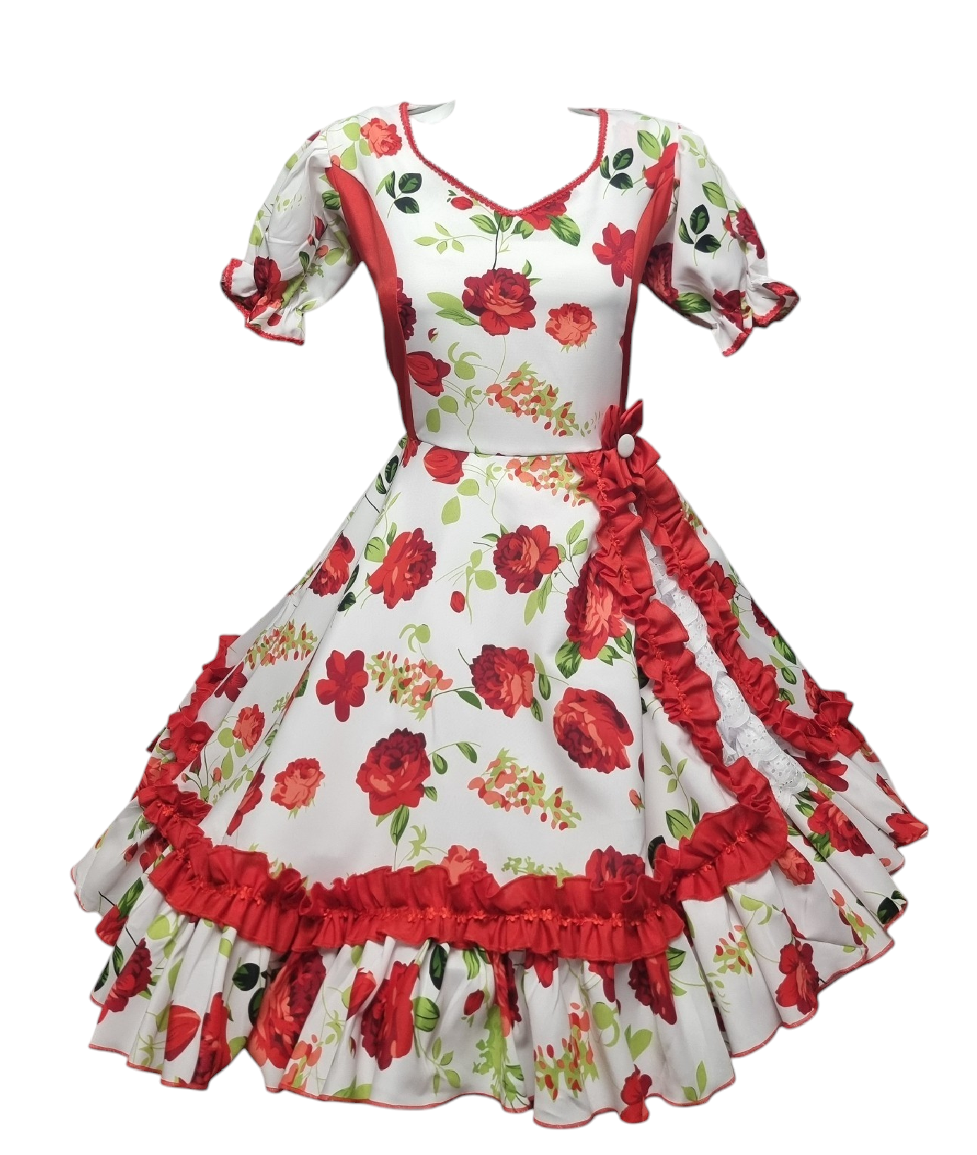 Vestido Huasa China Cueca Floreado Blanco Rojo Juvenil Adulto Tallas S M L XL Y 2 XL