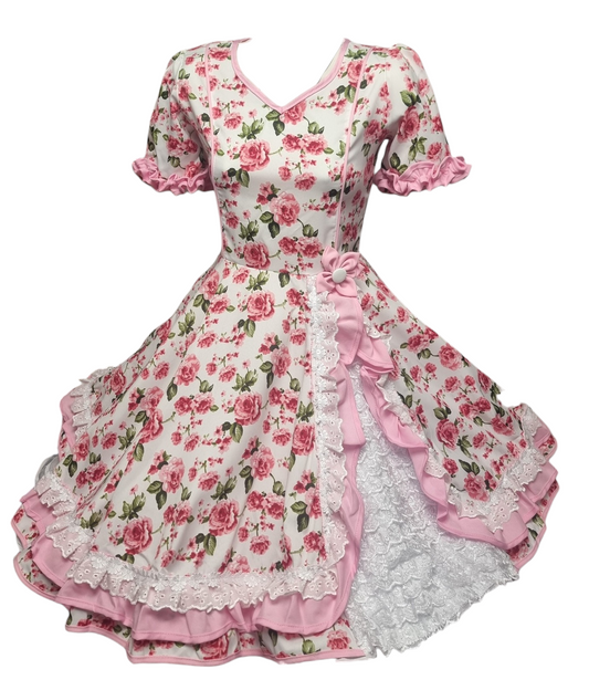 Vestido Huasa Niñas Tallas 2, 4, 6 y 8 Blanco Rosado Huasita Chinita