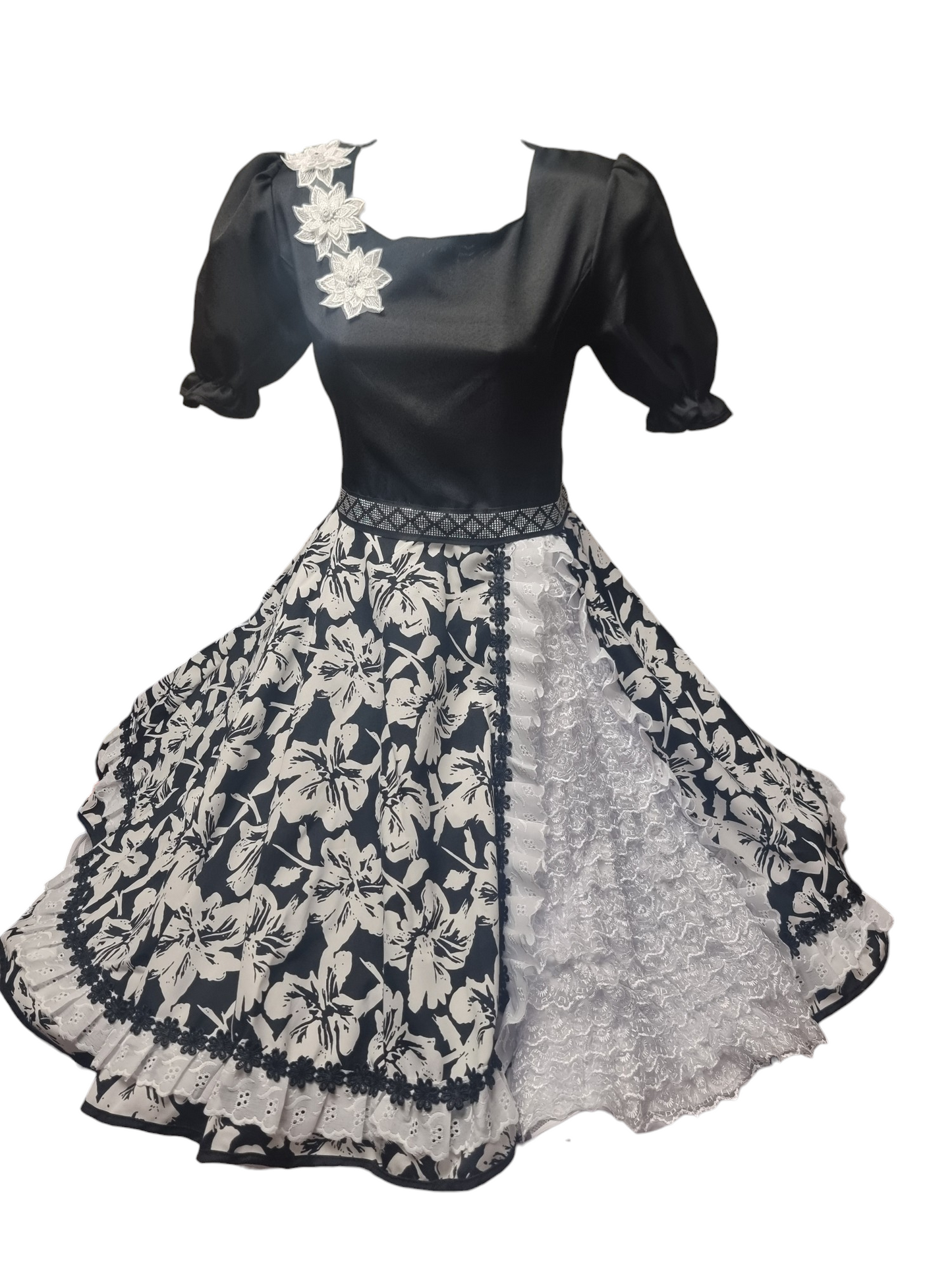 Vestido Huasa China Cueca Negro Floreado Juvenil Adulto Tallas S M L XL Y 2XL