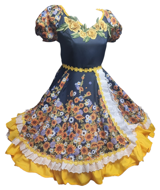 Vestido Huasa Niñas Tallas 2, 4, 6 y 8 Juvenil Azul Amarillo Huasita Chinita