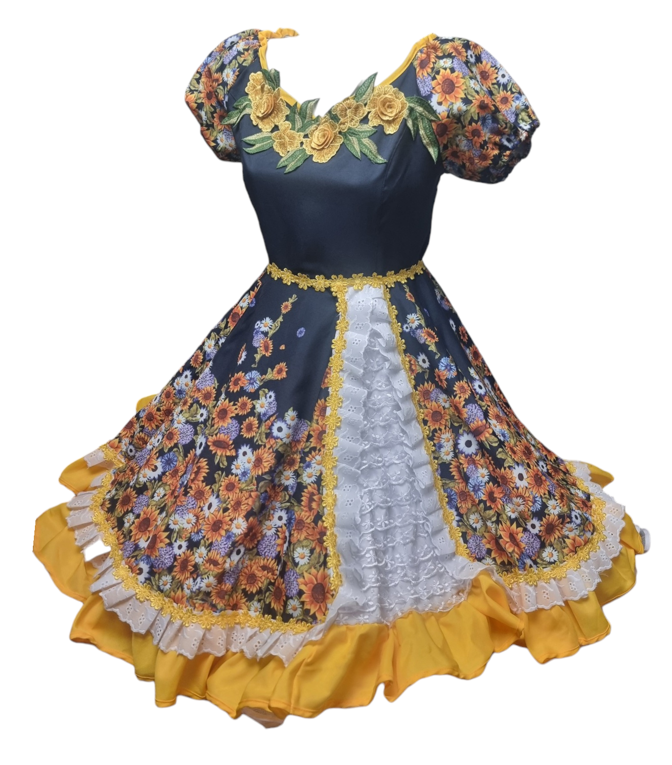 Vestido Huasa Niñas Tallas 10, 12,  14 y 16 Juvenil Azul Amarillo Huasita Chinita