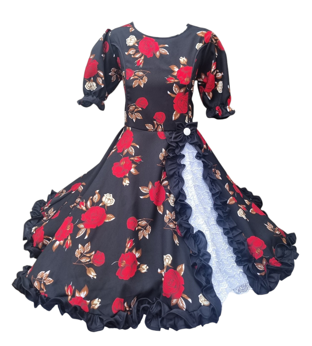 Vestido Huasa Niñas Tallas  12 14 y 16 Juvenil Negro Floreado Huasita Chinita
