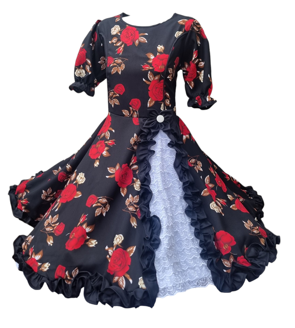 Vestido Huasa Niñas Tallas  12 14 y 16 Juvenil Negro Floreado Huasita Chinita