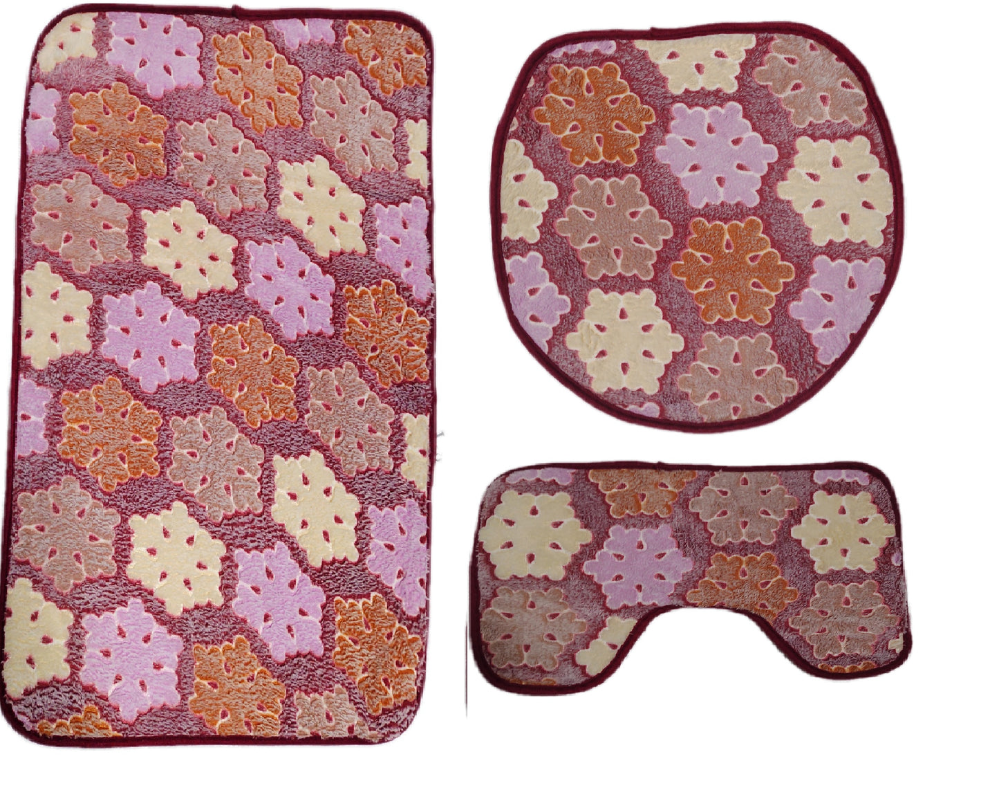 Set de Baño Geometrico  3 Piezas Alfombra Shaggy Antideslizante Tapa Wc y U Pad