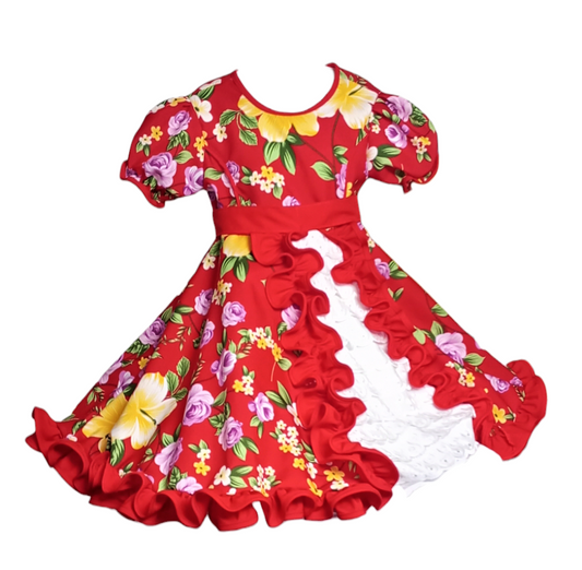 Vestido Huasa China Niña Cueca Rojo Floreado OFERTA Tallas 6, 8 y 10