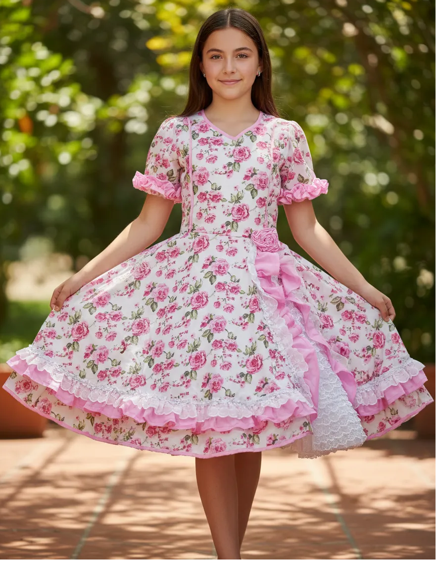 Vestido Huasa Niñas Tallas  10 12 14 y 16 Juvenil Blanco Rosado Huasita Chinita