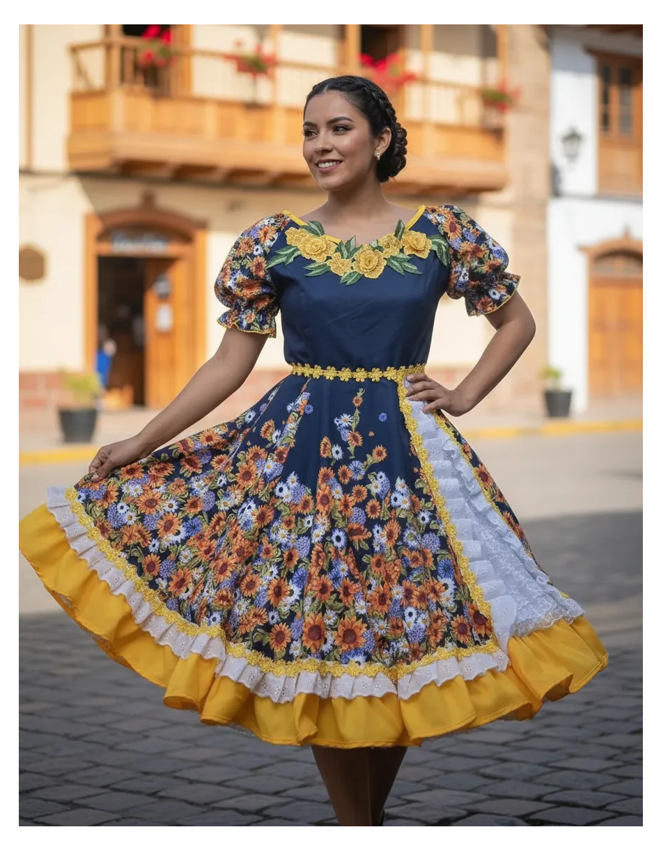 Vestido Huasa Niñas Tallas 10, 12,  14 y 16 Juvenil Azul Amarillo Huasita Chinita