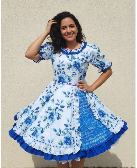 Vestido Huasa China Mujer Juvenil  Adulto Tallas S, M,  L,  XL y 2 XL Blanco Azul