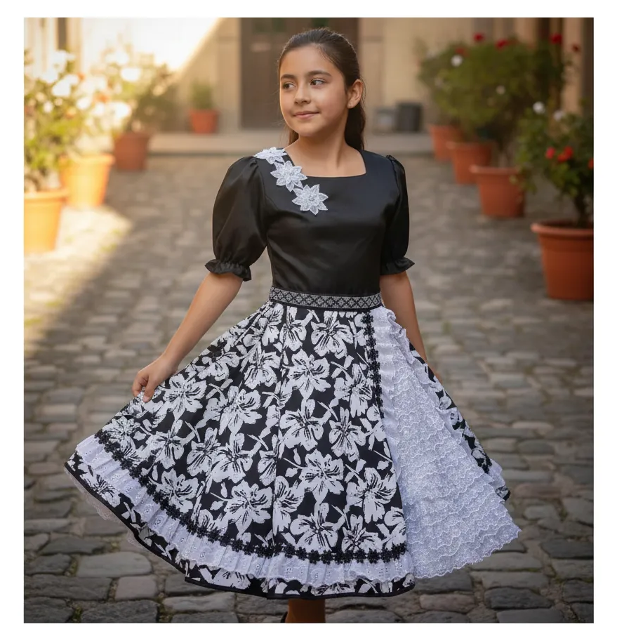 Vestido Huasa Niñas Tallas  12 14 y 16 Juvenil Blanco Negro Huasita Chinita