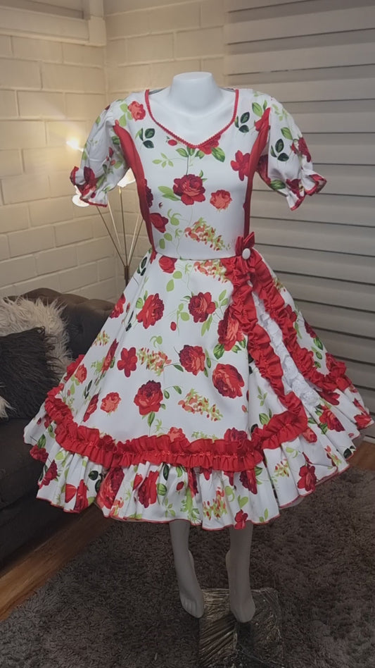 Vestido Huasa Niñas Juvenil Tallas 10 12 14 y 16 Blanco Rojo Huasita Chinita