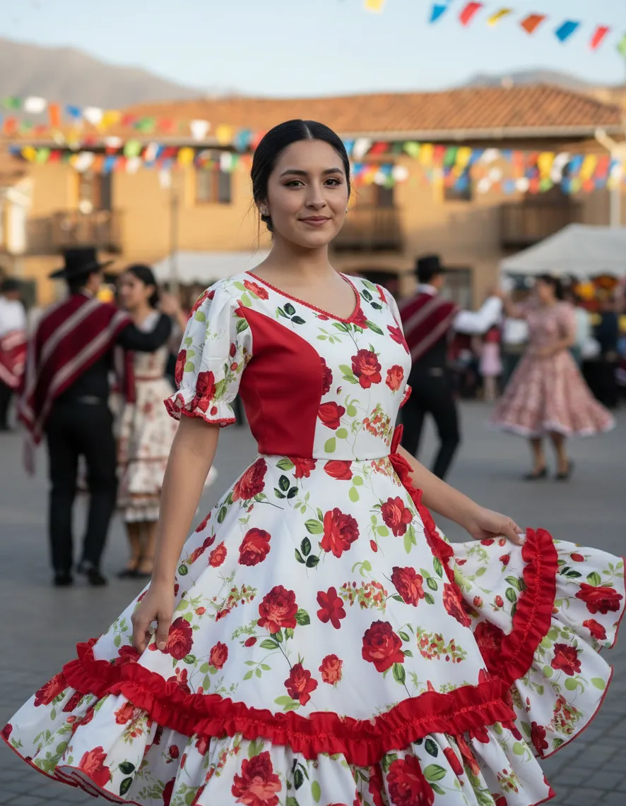 Vestido Huasa China Cueca Floreado Blanco Rojo Juvenil Adulto Tallas S M L XL Y 2 XL