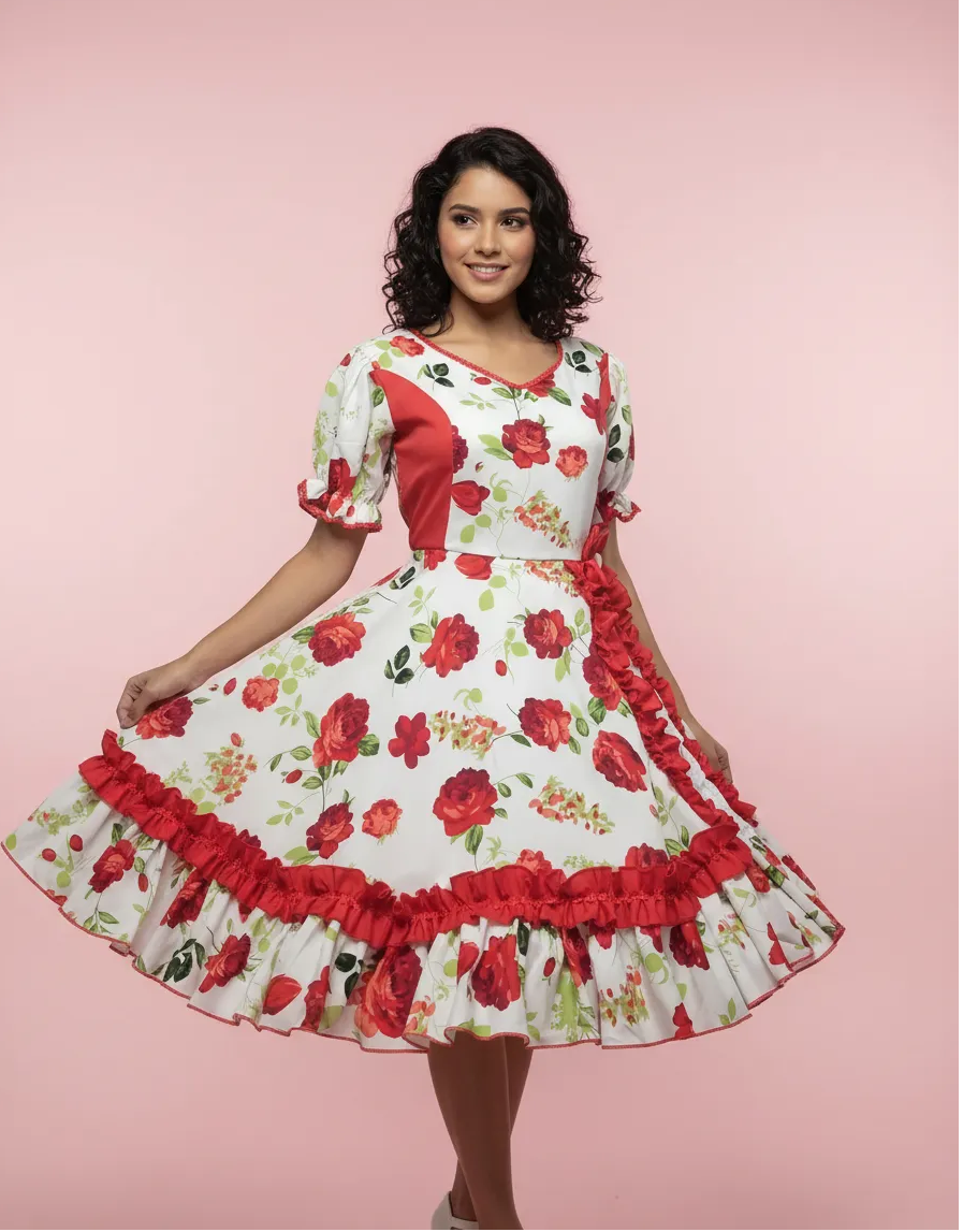 Vestido Huasa China Cueca Floreado Blanco Rojo Juvenil Adulto Tallas S M L XL Y 2 XL